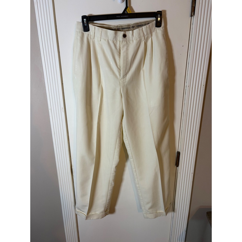 Caribbean Joe Mens 32x30 Pleated Cuffed Rayon Blend Dress Pants Cream Off-White